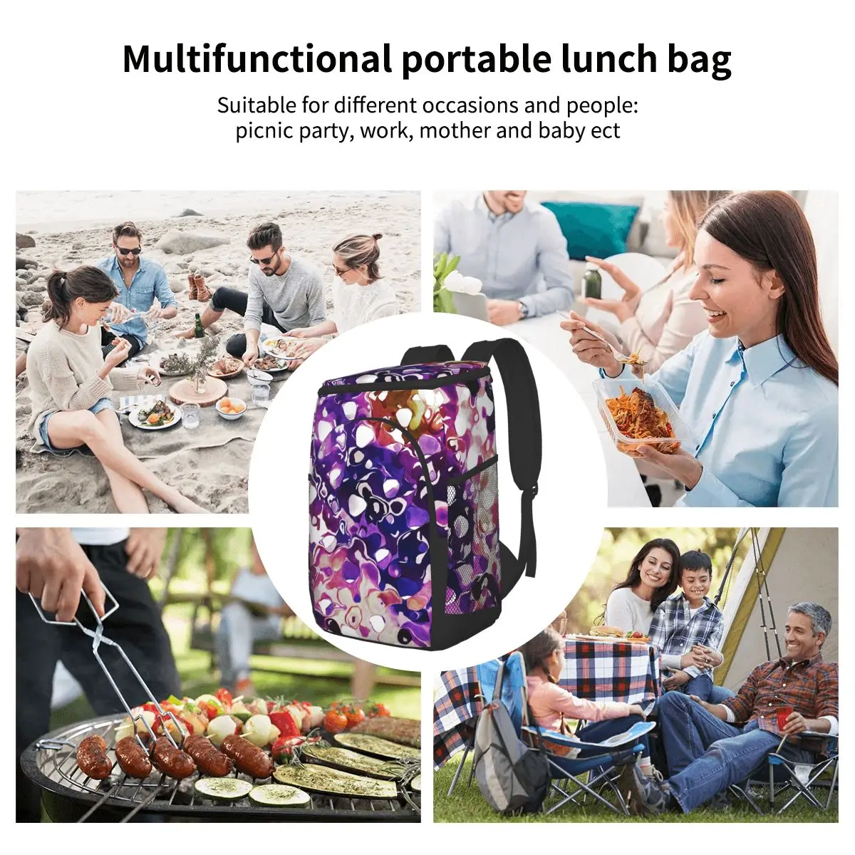 

15L Refrigerator Bag Soft Large Insulated Cooler Backpack Thermal Isothermal Fridge Travel Beach Beer Bag Purple Abstract