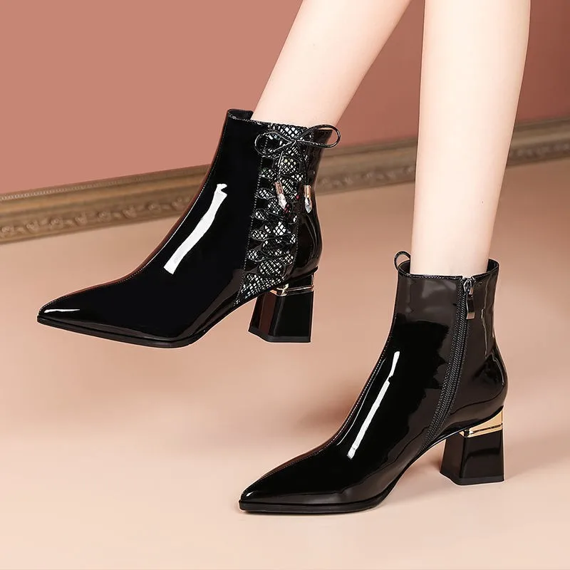 

2021 autumn and winter new women's shoes pointed toe thick heel heel shoes metal rhinestone fashion boots bow
