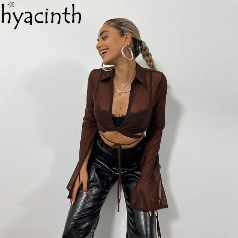 Женские сексуальные топы с открытым животом Осенние однотонные прозрачные