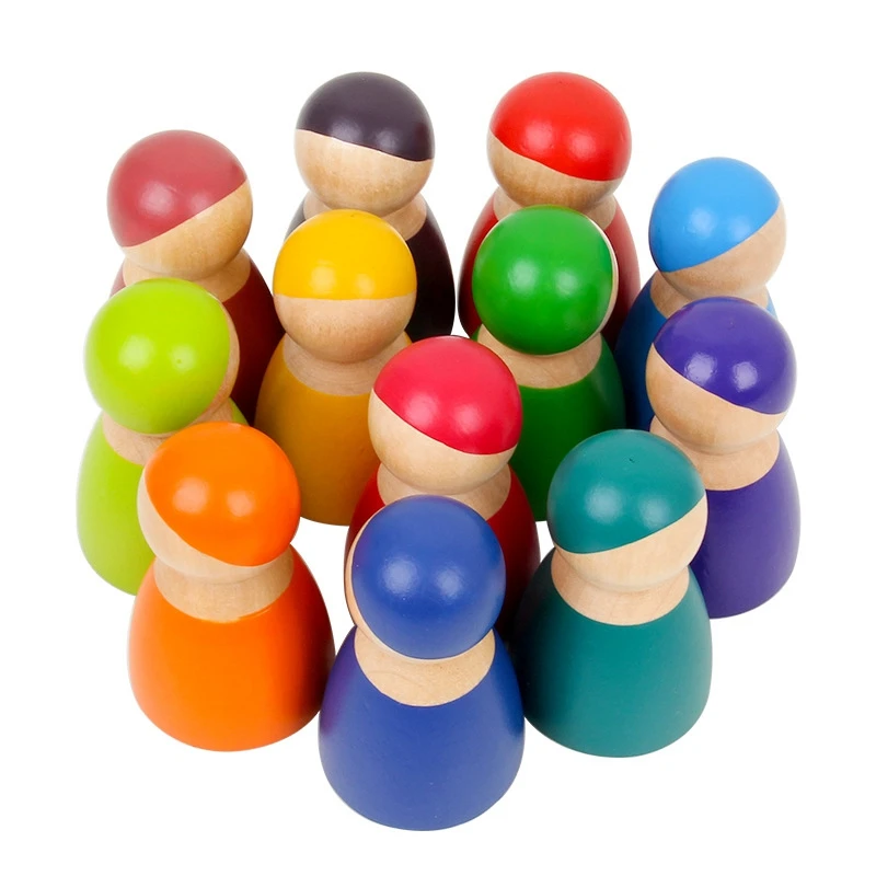 

12PCS Rainbow Colored Wooden Doll Dolls Play House Children Baby Early Education advantage Wooden Toys