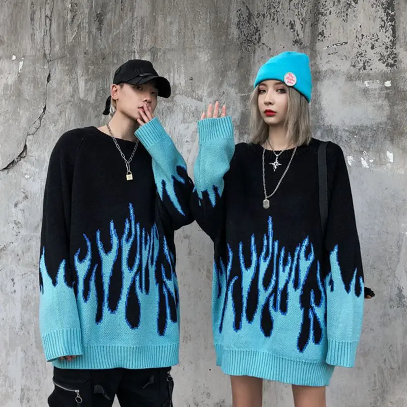 Свитер мужской свободного покроя с принтом пламени уличная одежда в стиле хип