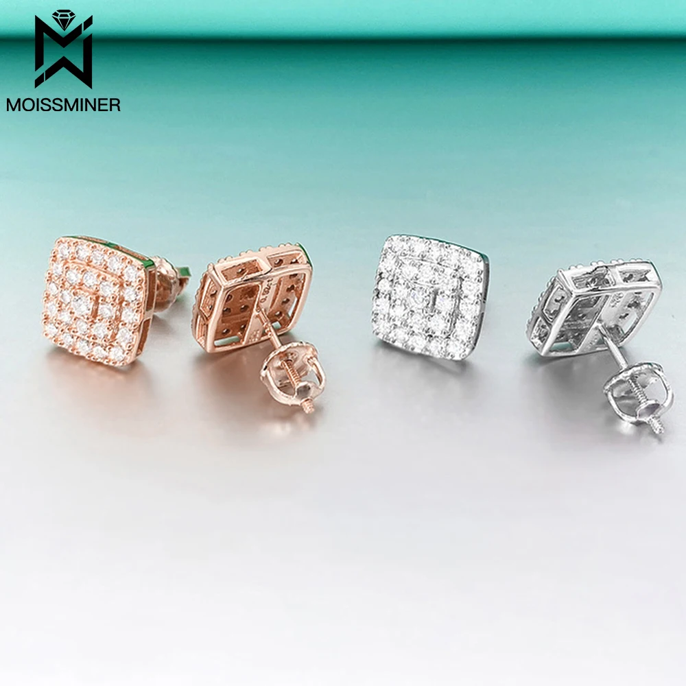 MM Moissanite Earrings For Women Big Square S925 Silver Real Diamond Iced Out Ear Studs Men High-End Jewelry Pass Tester