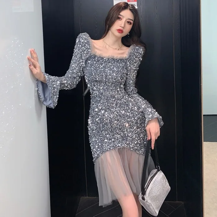 

Autumn and winter 2020 new evening dress temperament heavy industry Sequin horn sleeve shiny fishtail mesh splicing dress