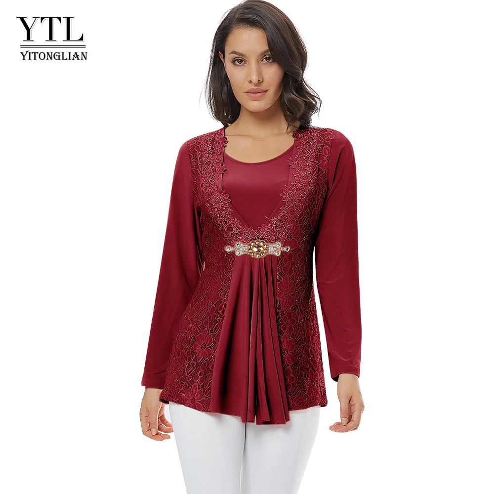 YTL Plus Size Women Blouse Elegant Diamond Lace Tunic Top Casual Vintage Tops Long Sleeve Shirt Red Black XXL XXXL 4XL 8XL H025