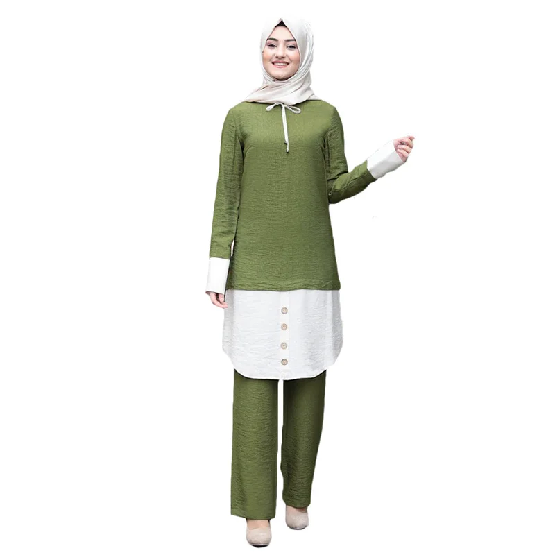 

Muslim Women Long Tops Islamic Sets Women Muslim Pants Abaya Dubai 2020 Patch Designs Ramadan Prayer Clothes 2 Piece Set