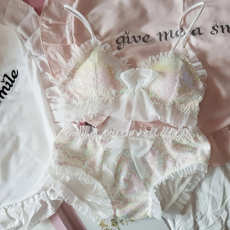 Dreamy Young Girl Underwear Set High-end Luxury Romantic Mermaid Princess Sequins Wireless Bra And Panty Set Intimates Lingerie