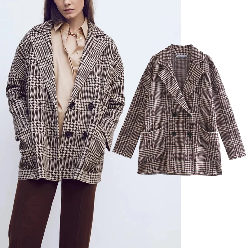 

Women Fashion Plaid Print Knitted Blazer Elegant Double Breasted Long Sleeve Jacket Coats Female Casual Outerwear YN3213