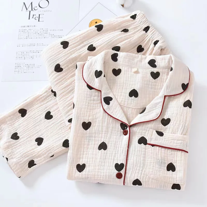 

Новинка 2022, пижамный комплект для женщин, весна-осень, хлопковая марлевая одежда для сна, 2 шт./компл., домашняя одежда с отложным воротником