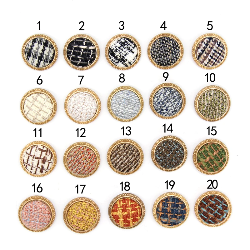

25mm Tweed Plaid Fabric Covered Metal Gold Buttons Mix Color Women Coat Vintage Decorations High Quality Accessories Wholesale