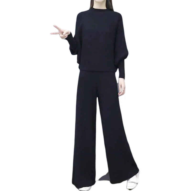 Женский черный костюм с рукавом летучая мышь вязанные Широкие штаны свободный