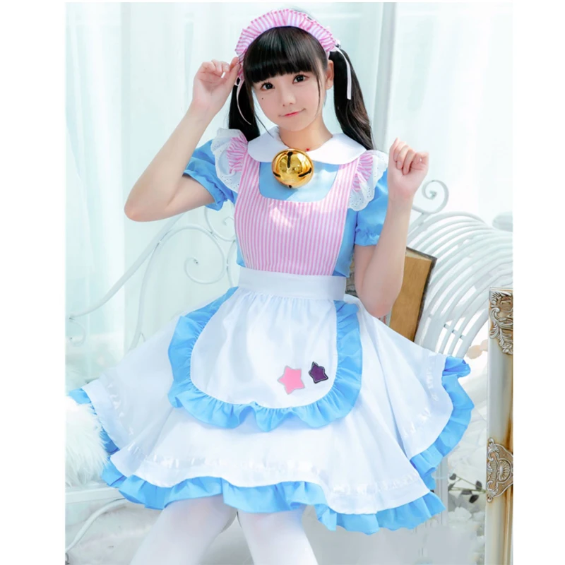 

Lolita Style Dress Women Cute Sweet Lace Maid Uniform Pink striped Apron Anime Cosplay Costume Female Mid Dress with Belt