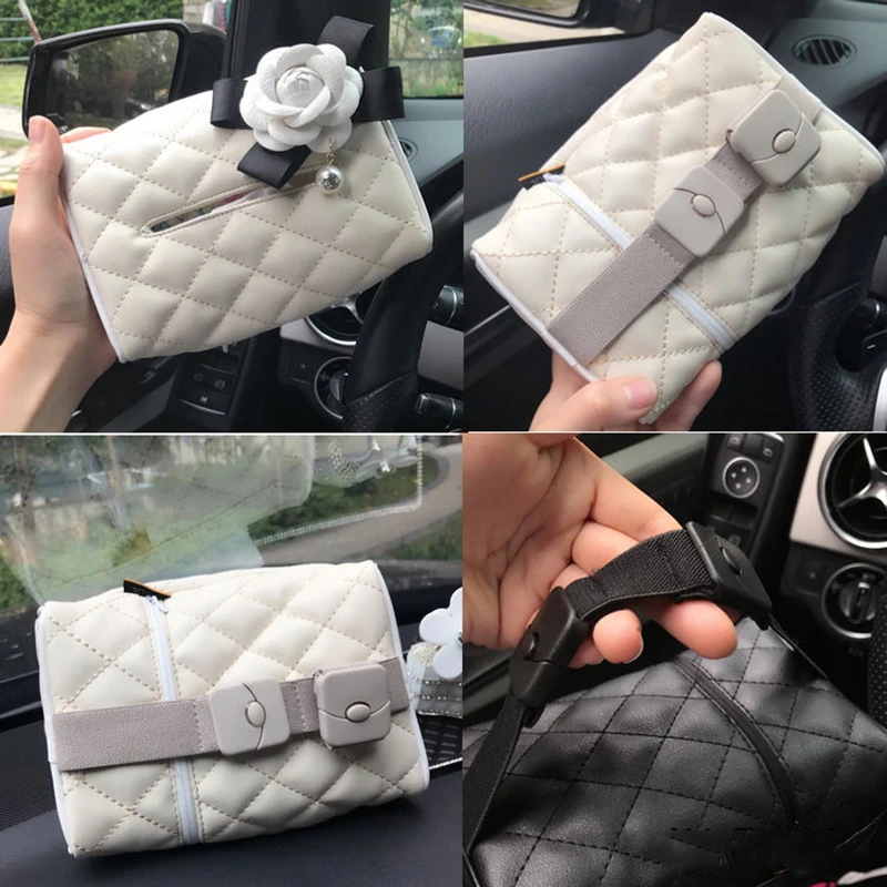 

White Flower Car Tissue Box Towel Sets Car Sun Visor Tissue Box Holder Auto Interior Storage Decoration Car Accessories