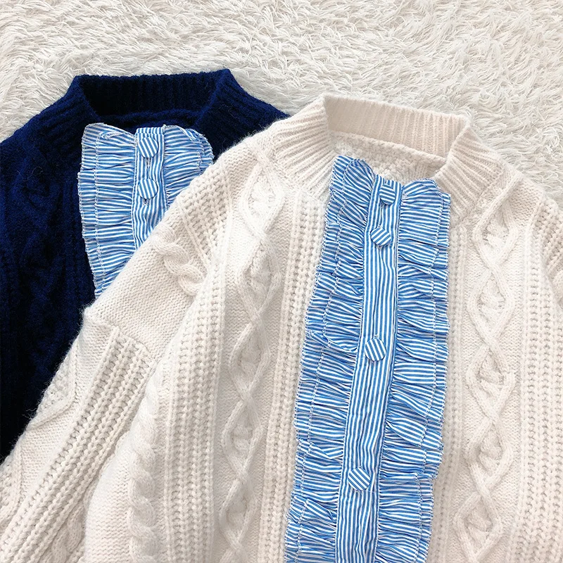 

Hot Selling 2020 Autumn Sweater Loose Stringy Selvedge Patched Shirt Flare Sleeve Court Ruffles Pullovers Women Knitting Coat