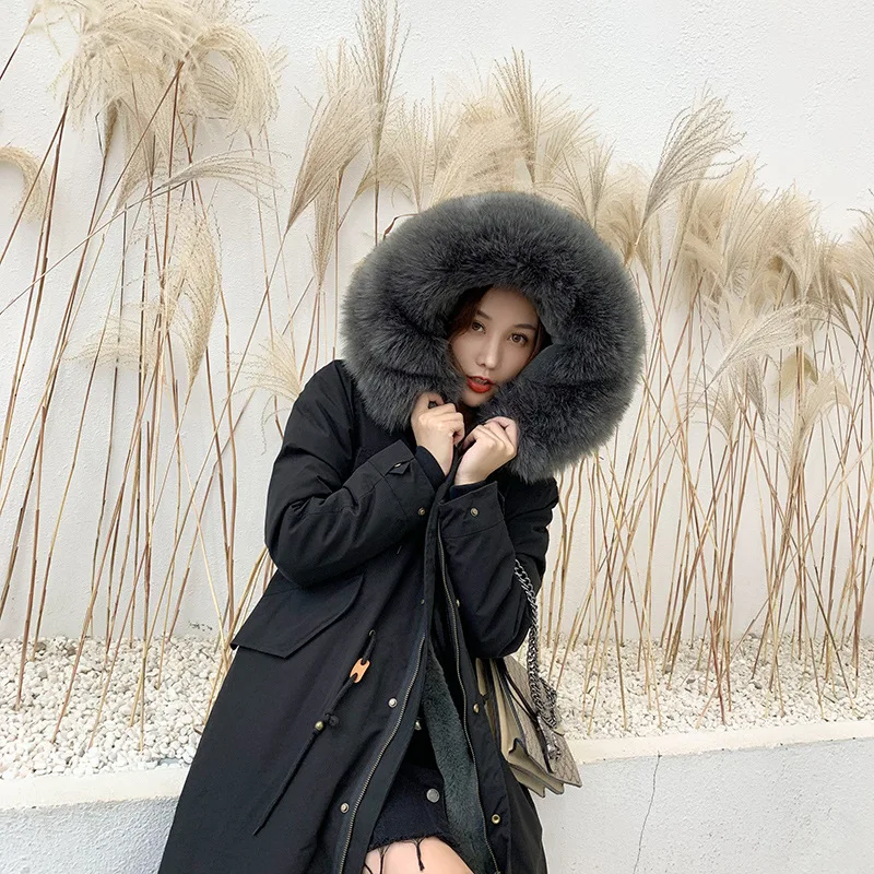 black with gray fur Новинка года; модное зимнее пальто с мехом для женщин и девочек парка с капюшоном из искусственного кроличьего меха утепленная верхняя одежда - Цвет: black with gray fur