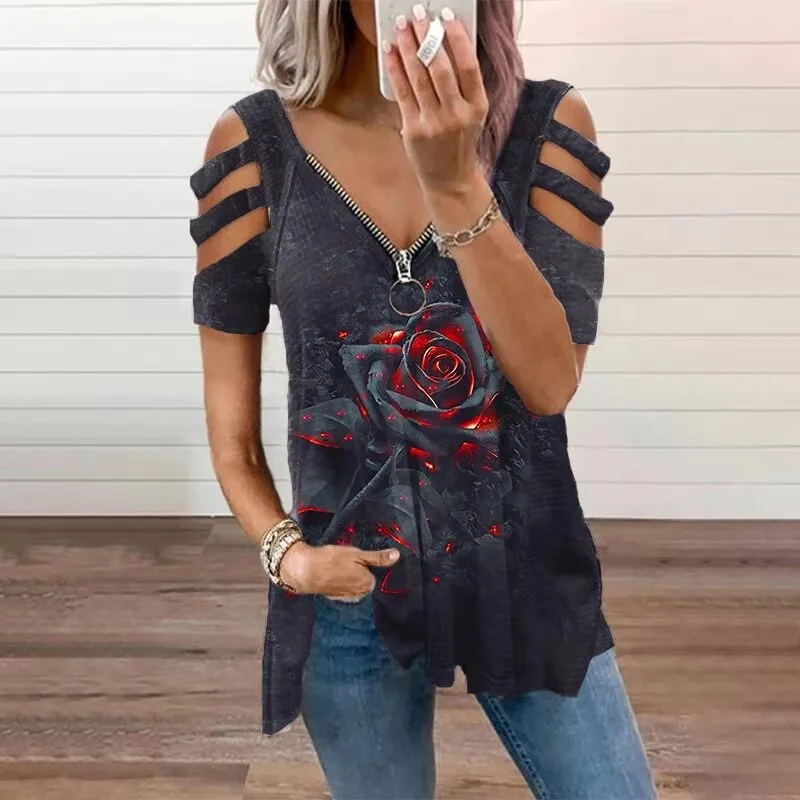 

5XL Plus Size Women Clothing T-Shirts Hollow Out Short Sleeve Fashion Tee Lady V-Neck Casual Tops Flower Print Female T-Shirt