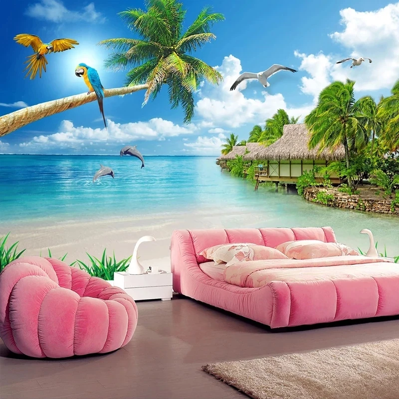 Пользовательские 3D фотообои голубое небо белые облака песчаный пляж морской