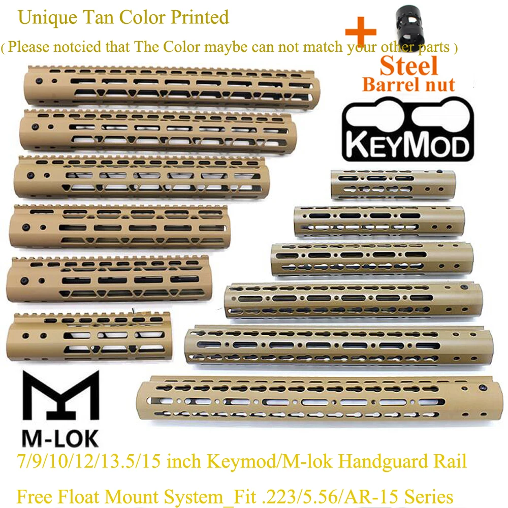

TriRock 7/9/10/12/13.5/15 inch Keymod/M-lok Handguard Rail Fit .223/AR-15 Free Float Mount System Steel Barrel Nut_Tan Printed