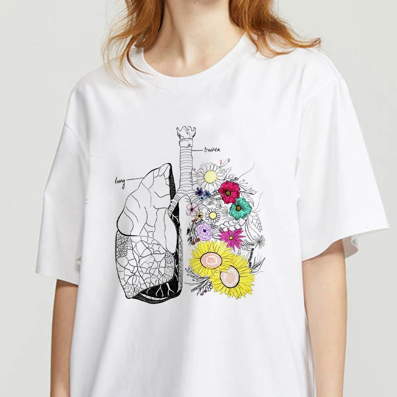 

summer new Funny Organ flower T-shirt printed chic Harajuku Neck Casual retro top women's fashion T-shirt