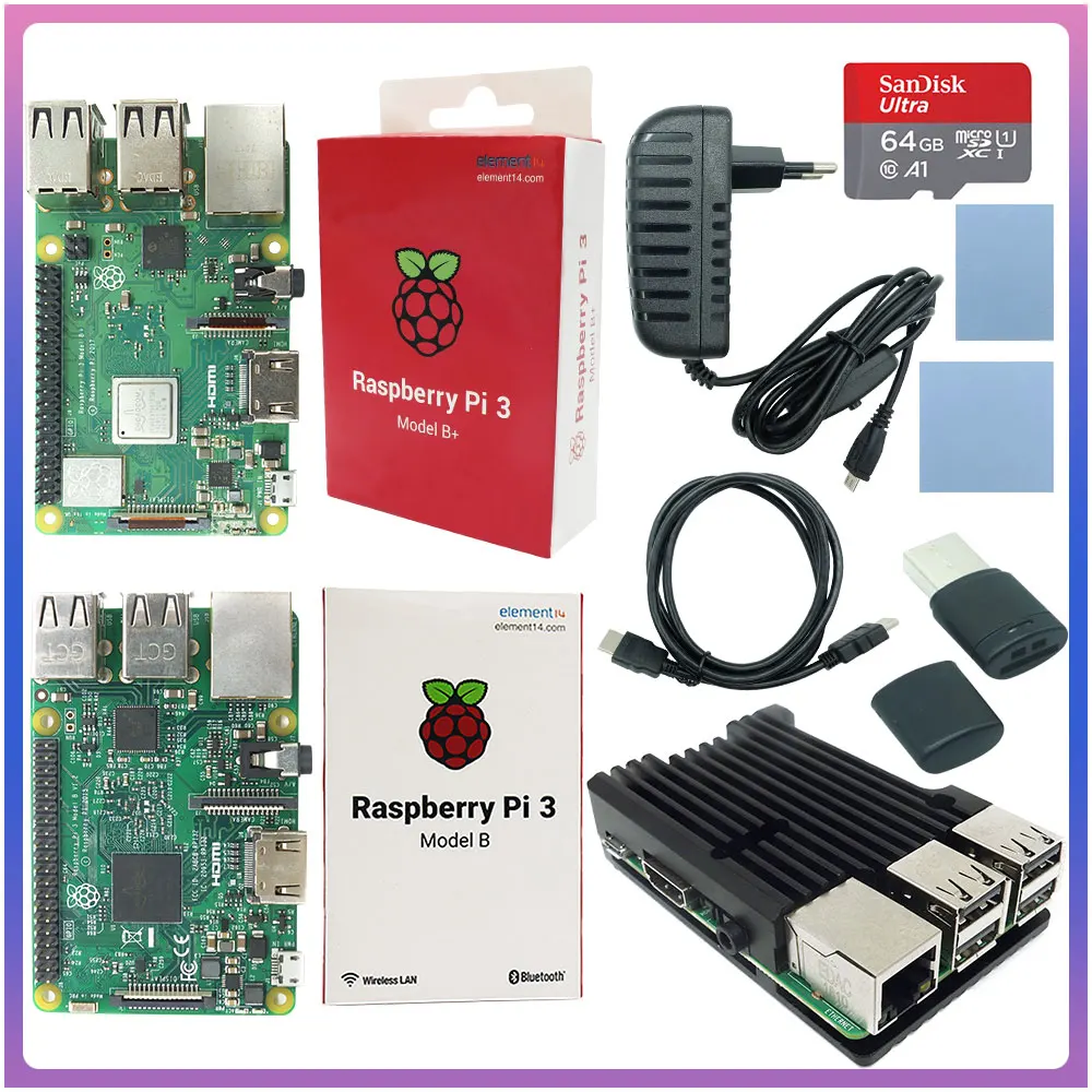 Raspberry Pi 3 Model B or Raspberry Pi 3 Model B Plus Board + ABS Case + Power Supply Mini PC Pi 3B/3B+ with WiFi&Bluetooth