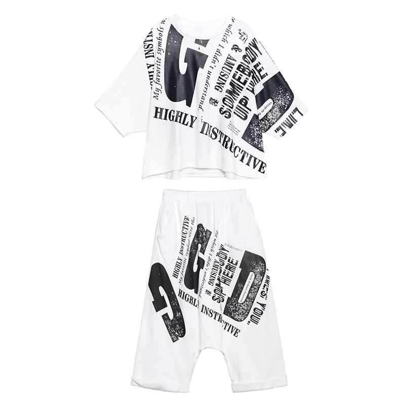 

Black White Women Chic Set 2021 Women Casual Letter Set Women Irregular T Shirt + Calf Length Cross Pants X015