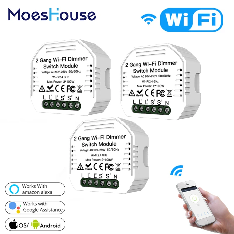 

DIY WiFi Smart 2 Way 2 Gang Light LED Dimmer Module Switch Smart Life/Tuya APP Remote Control Work with Alexa Google Home