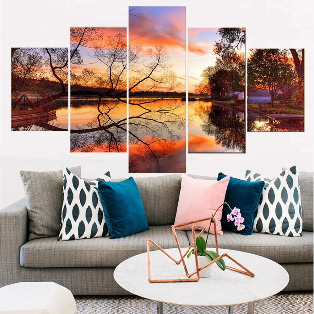 

5 Pieces Wall Art Canvas Painting Landscape Poster Sunset By The Lake Home For Decoration Pictures Living Room Framework