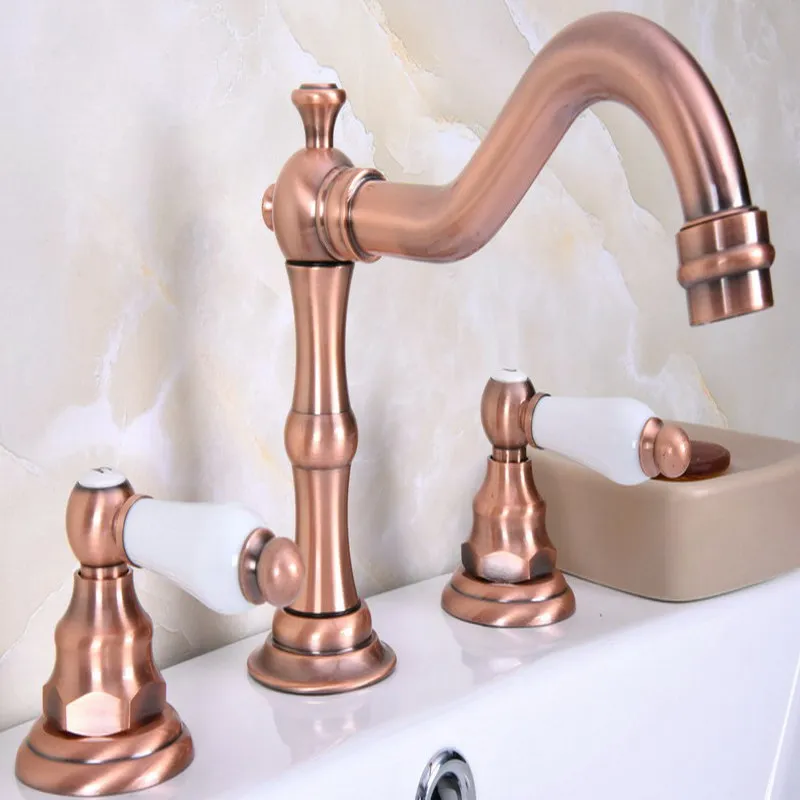 

Antique Red Copper Brass Deck Mounted Dual Handles Widespread Bathroom 3 Holes Basin Faucet Mixer Water Taps mrg060