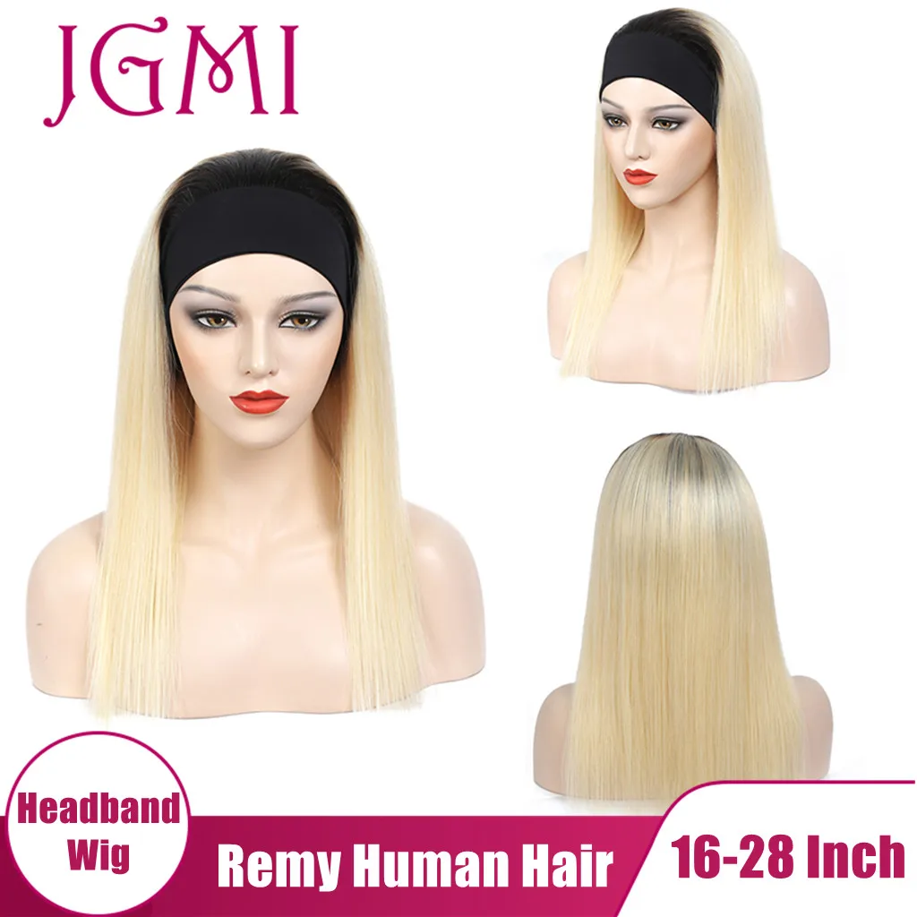 

JGMI 1B/613 Straight Remy Brazilian Human Hair Scarf Headband Wig for Women Ombre Black Blonde Blond 613 Full Machine Glueless