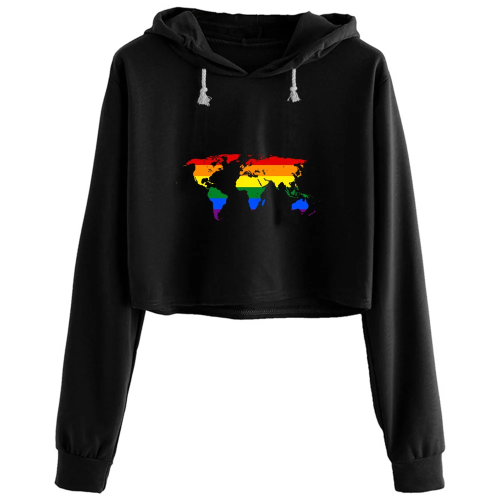 

Rainbow Map Crop Hoodies Women Aesthetic Kpop Korean Y2k Pullover For Girls