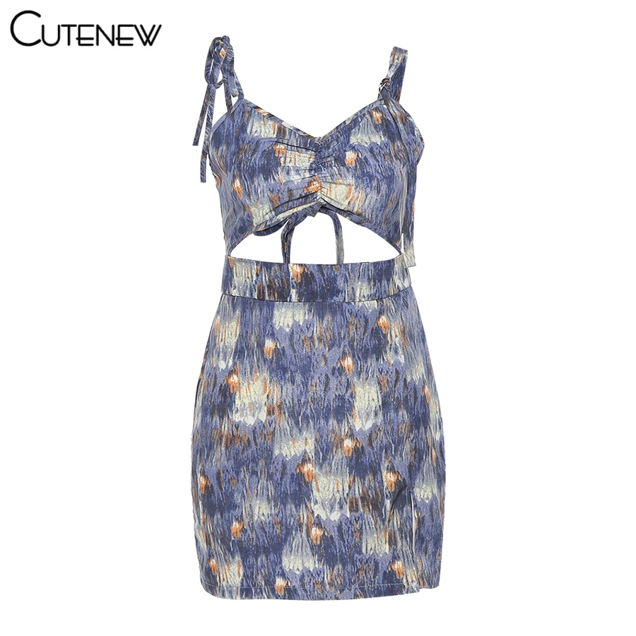 

Cutenew Sexy Hollow Out V-Neck Stretch Bodycon Mini Dress For Women Summer Casual Slim Streetwear Fashion Printing Lady Dresses