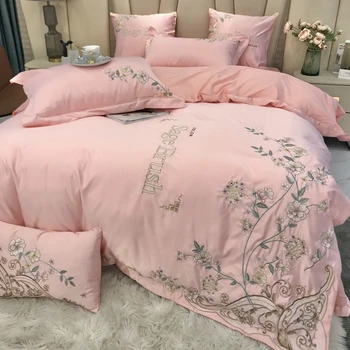 Jasmine Embroidered Satin Cotton Bedding Set Luxury European Pink Duvet Cover Flat/Fitted Bed Sheet Pillowcases Home Textile