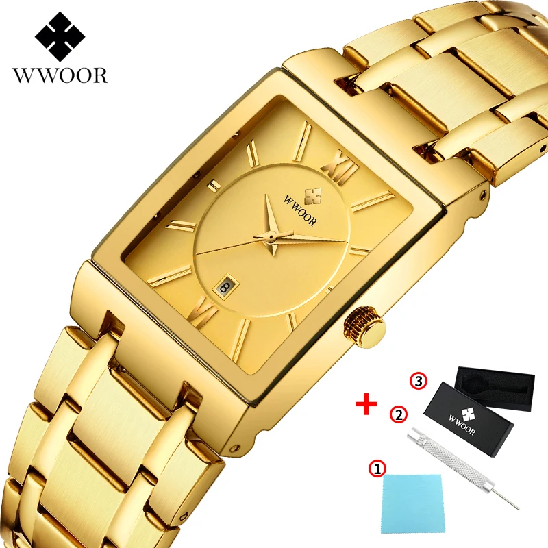 Full Gold Роскошные мужские часы Кварцевые аналоговые наручные часы WWOOR 8858 мужские прямоугольные деловые часы из нержавеющей стали Relogio Masculino - Цвет: Full Gold