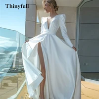 elegant soft satin v neck wedding dresses long sleeves a line side slit button vintage bride dress gowns wedding robe de mariee