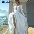 Элегантное мягкое атласное свадебное платье с V-образным вырезом, длинными рукавами, а-силуэт, с Боковым Разрезом, на пуговицах, свадебное платье