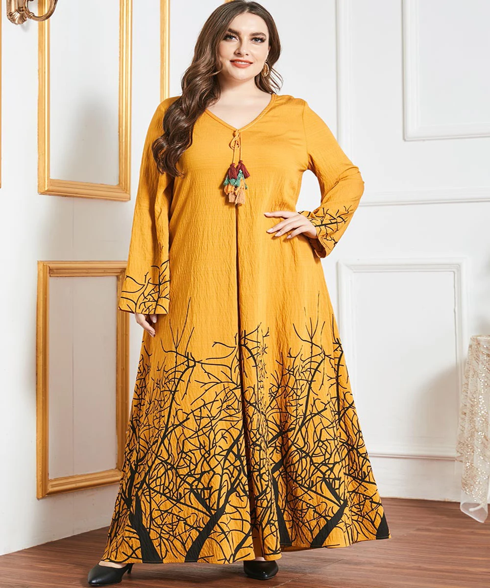 

Aligaia Ramadan Eid Yellow Print Dress For Women 2021 New Dubai Islam Muslim Dress Turkish Dresses Robe