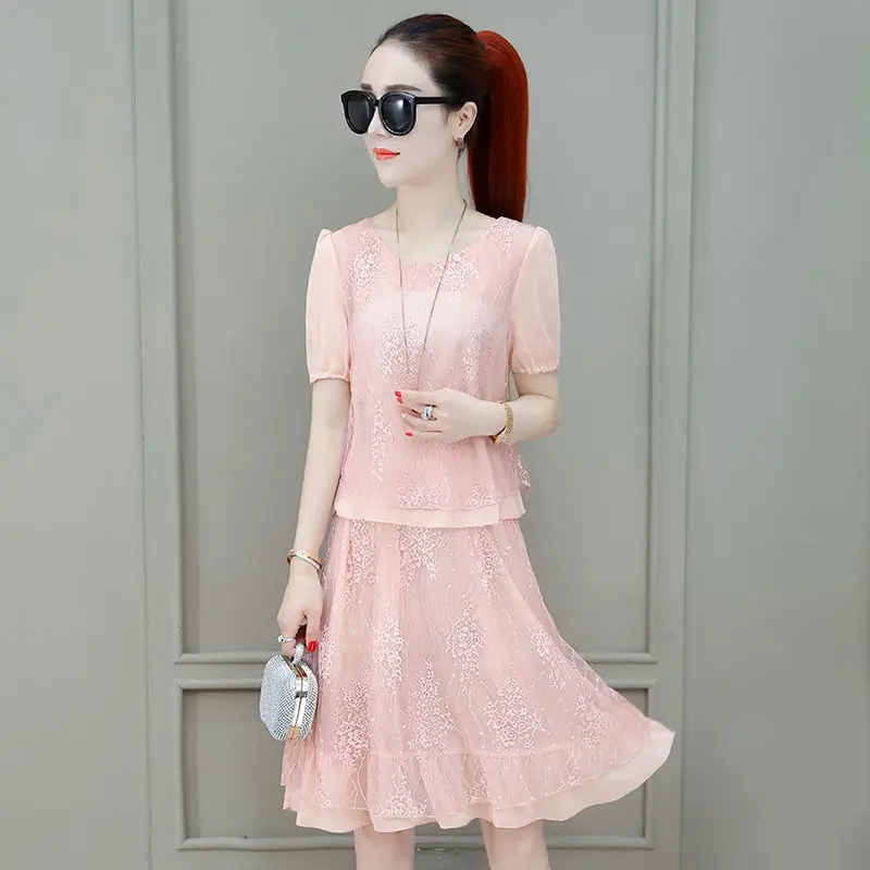 

Summer Korean Loose Floral Women Chiffon Two Piece Sets Round Neck Short Sleeve Elastic Waist Midi Skirt Elegant Lady Suit X32