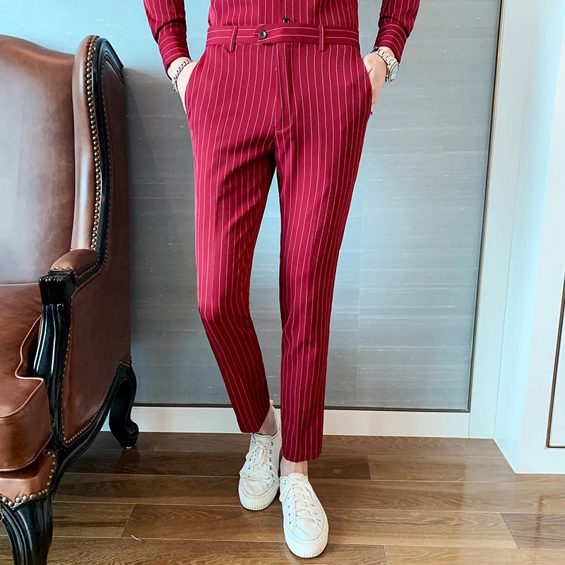 Красные брюки мужские костюмы элегантные в полоску деловые облегающие строгие