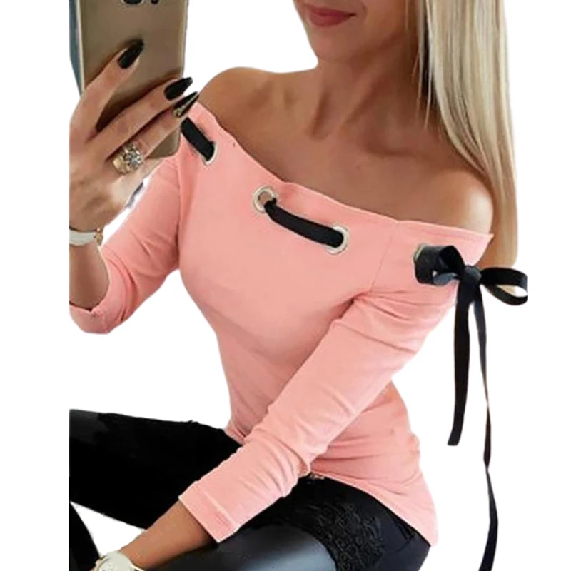 

Женская футболка с открытыми плечами, розовая Повседневная облегающая офисная футболка с вырезом лодочкой и длинным рукавом, корейский бан...