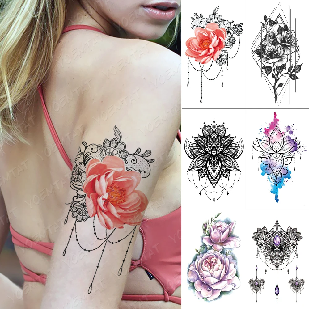 

Waterproof Temporary Tattoo Sticker Mandala Rose Lotus Flash Tattoos Peony flower Body Art Arm Water Transfer Fake Tatoo Women