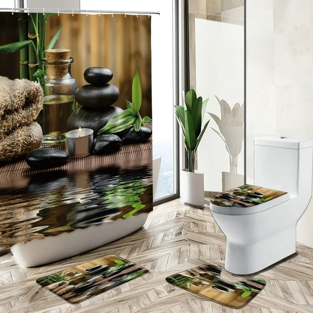 Miglior Zen Set Tenda Da Doccia Spa Acqua Orchidea Fiore Pietra Verde Bambù Antiscivolo Piedistallo Tappeto Copriwater Tappetino Da Bagno Casa Bagno Deco
