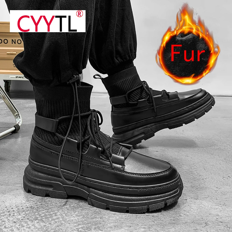 

CYYTL Fashion Fully Fur Lined Keep Warm Boots for Men Platform Leather Water Resistant Lace-up Motorcycle Boys' Booties