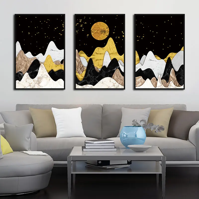 

Wall Art Abstract Golden Black Mountain Moon Paintings Nordic Canvas Posters Prints for Living Room Bedroom Corridor Decoration