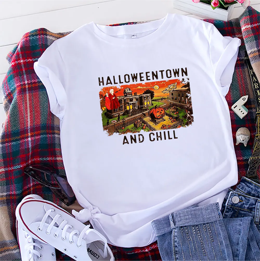 

Summer Cotton Women T Shirt 5XL Plus Size Halloween Letters Print Short Sleeve Graphic Tee Tops Casual O-Neck Female TShirt