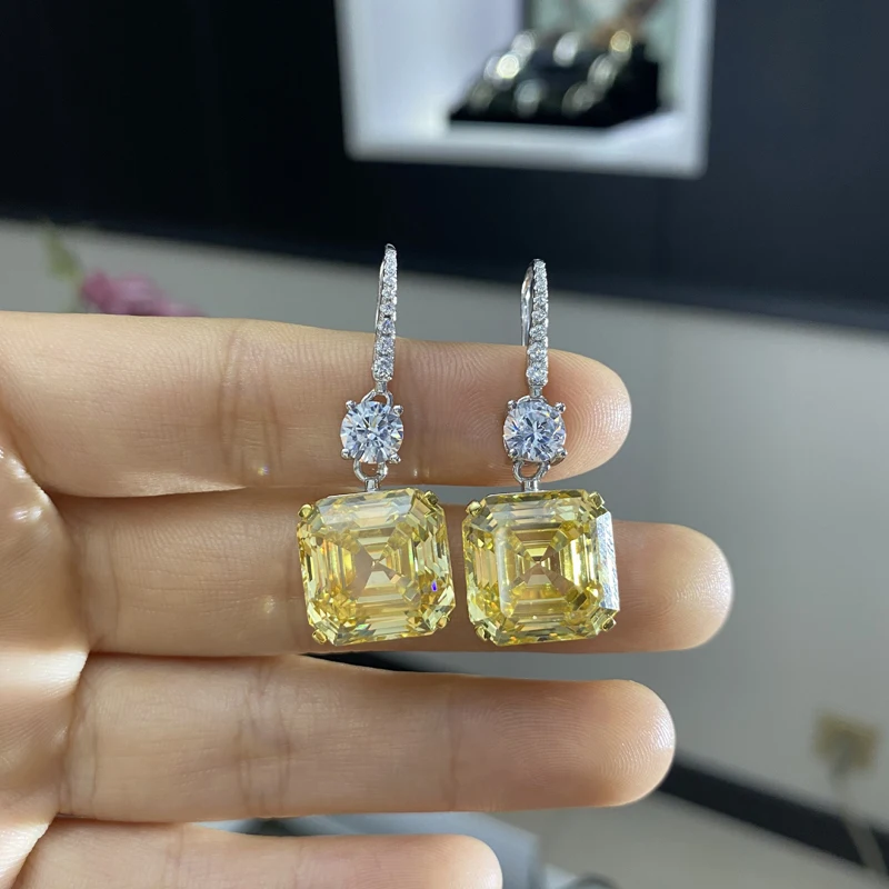 

Knobspin 100% 925 Sterling Silver Wedding Drop Earrings For Women Sparkling 14*14mm Topaz Engagement Party Fine Jewelry Gifts