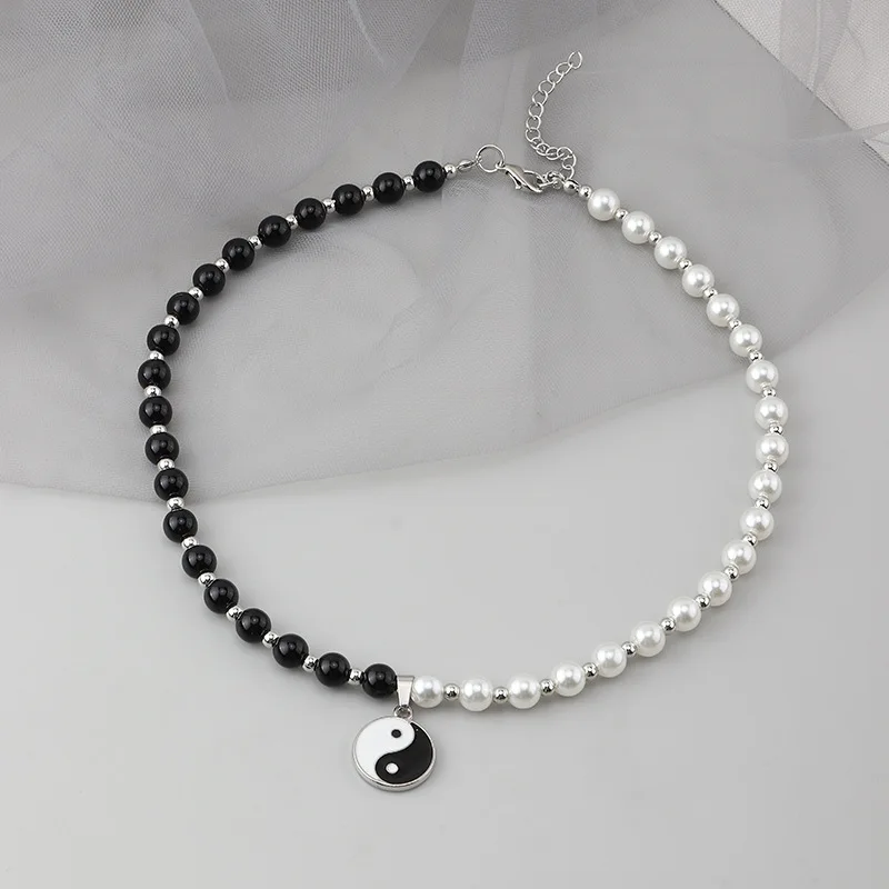 

New Arrival Hip Hop Tai Chi Necklaces Womens Black Beads White Pearl Gossip Pendant Necklaces Jewelry For Girls