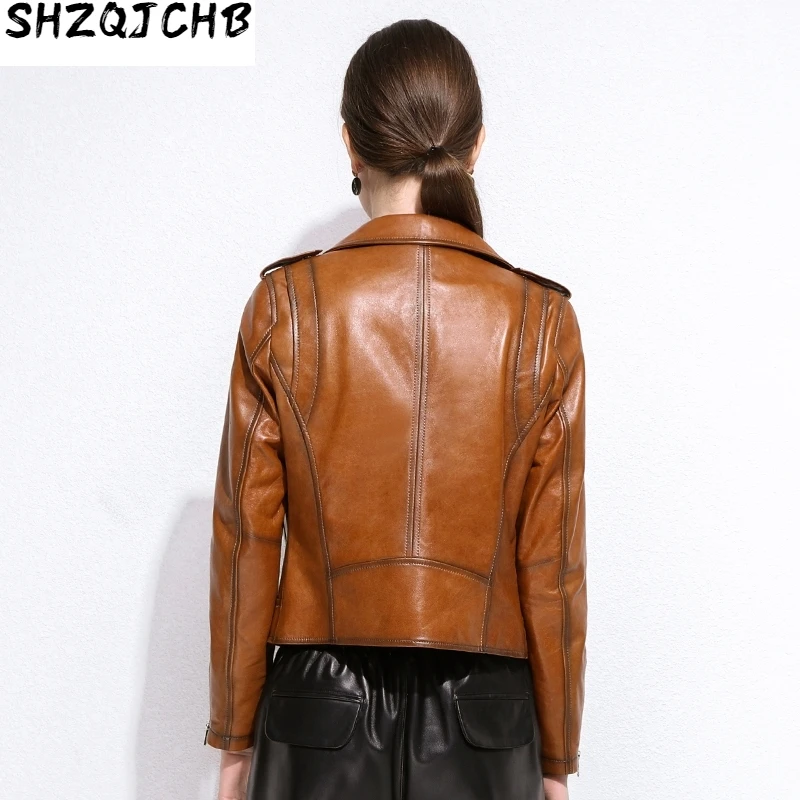 

JCHB 2021 Leather Jacket Women Spring Autumn Short Motrocycle Jacket Slim Coat Sheepskin Genuine Leather Jacket Women Clothes Y