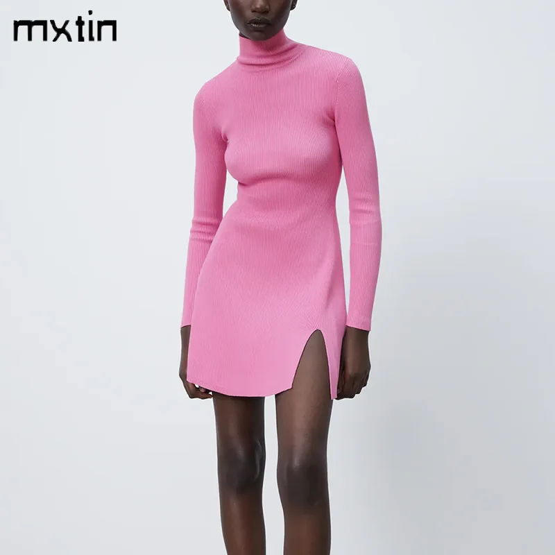 

MXTIN 2021 Women Spring Vintage Solid Knitted Mini Dress Fashion Half High Collar Long Sleeve Split Chic Slim Dresses Vestido