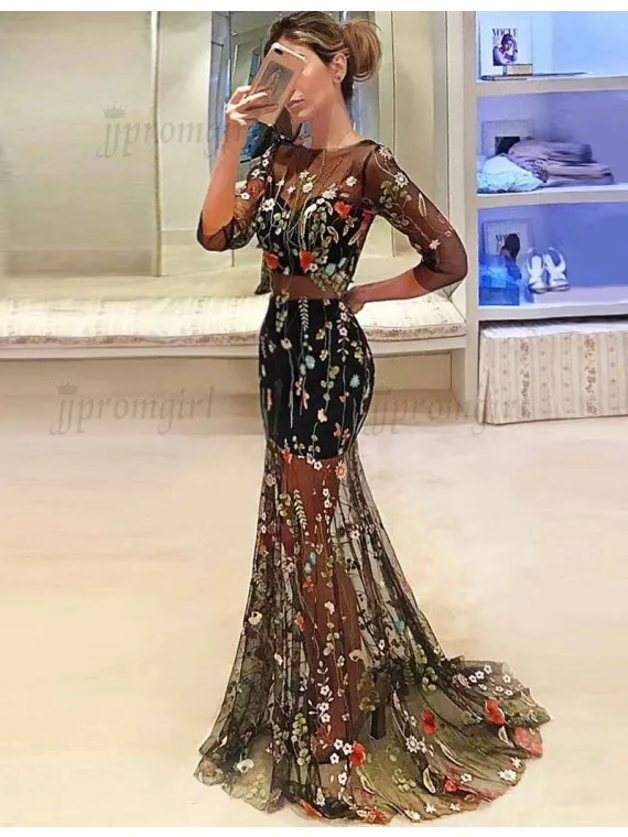 

Popular Sexy Deep V Half-Sleeve Shirt Embroidered Dress Slim Backless Expansion Skirt Dance Dress