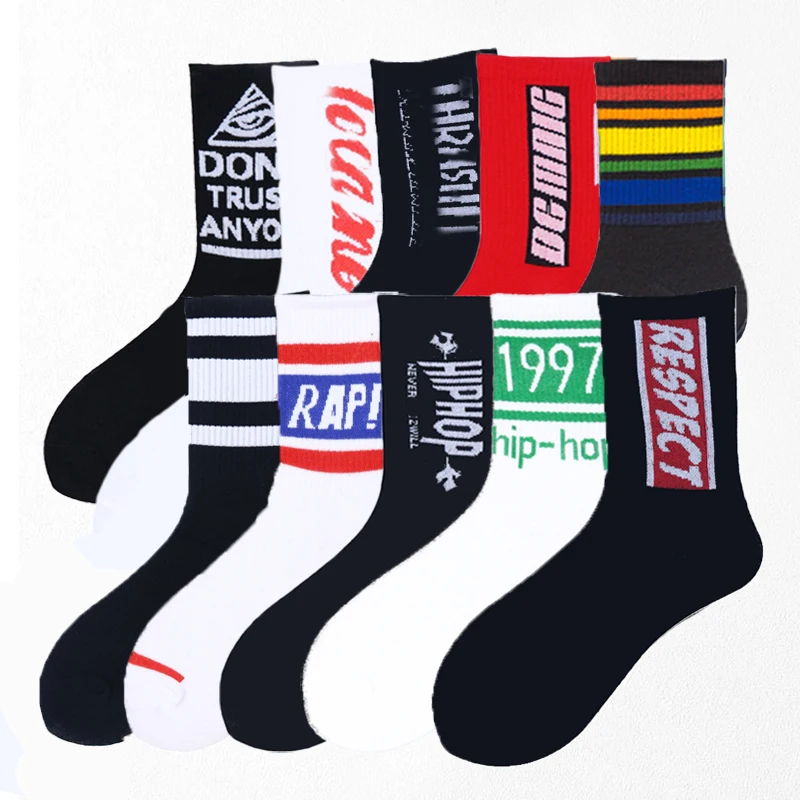 

32 Style 100% Cotton Men Hip Hop Socks Fashion 2021 Spring Autumn Black White Letters Boys High Street Skateboard Happy Socks