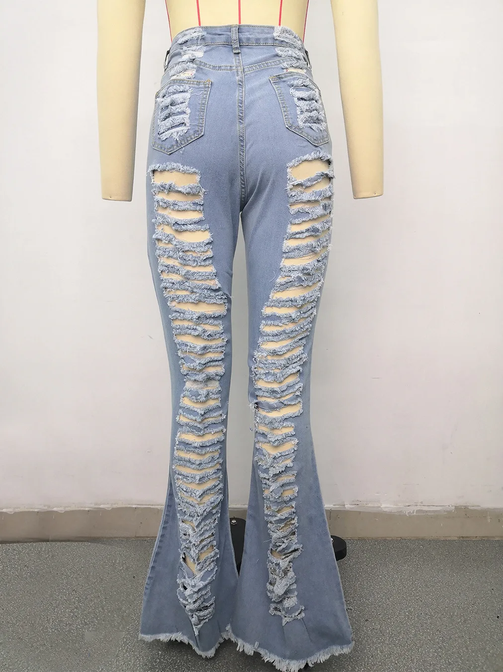 

Solid Color Jeans Women Ripped Sexy Hole Flare Jeans Skinny Pants Bell Bottom High Waist Lady Denim Pants